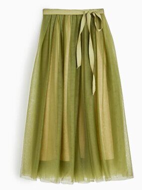 NWT J.Crew Tulle Ball Skirt in Wild Forest Pleated Ribbon Belt A-line Maxi 0